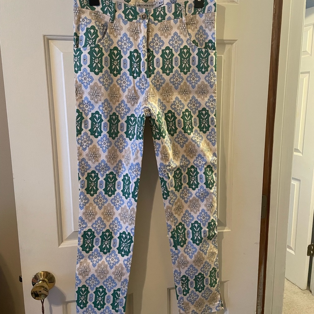 Gretchen Scott Designs Cream Ankle Pants with Green & Blue Tile Print